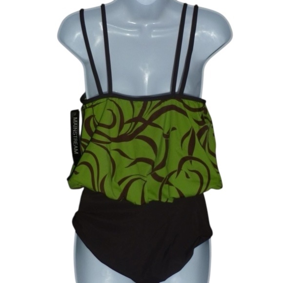 Mainstream Green & Brown One Piece Swimsuit, Blouson, Double Strap, Lined, 8 NWT - Picture 4 of 8